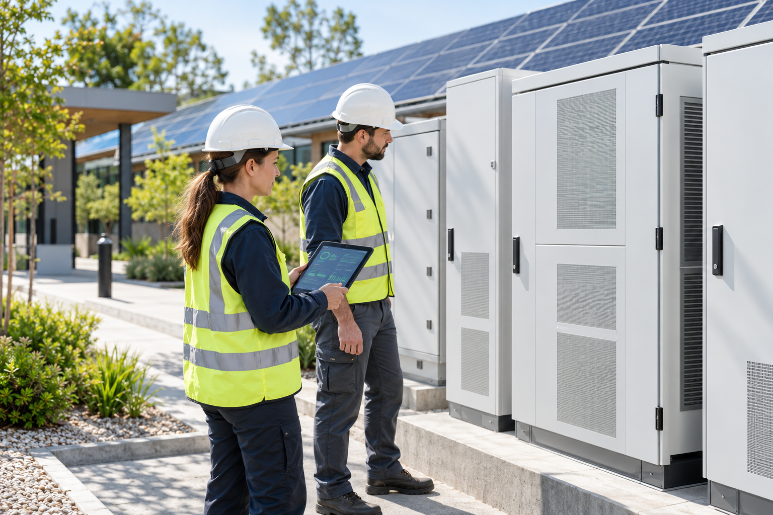 Field team inspecting solar and ESS equipment with a management tablet