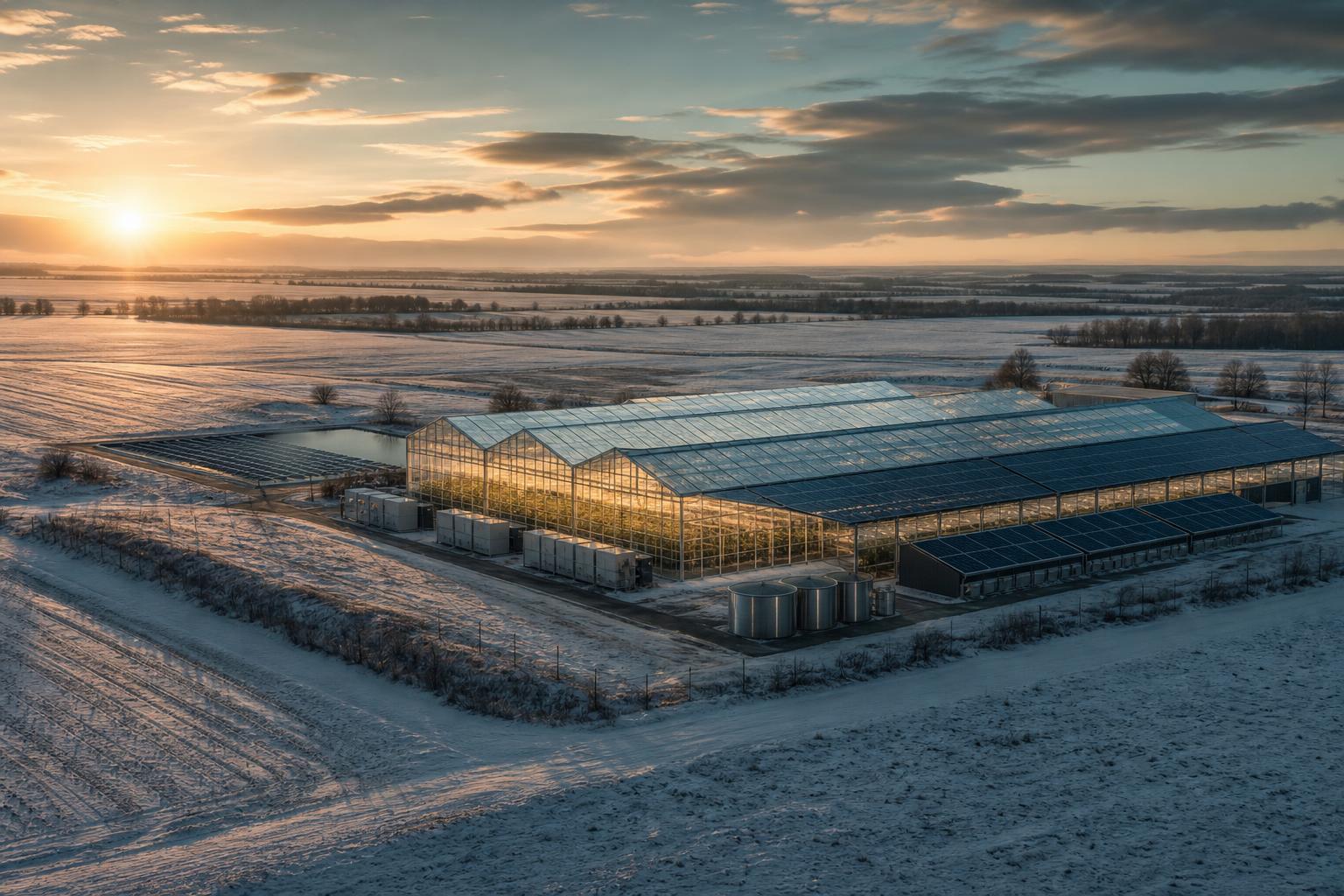 Ukraine Edition concept — advanced greenhouse on snowy farmland