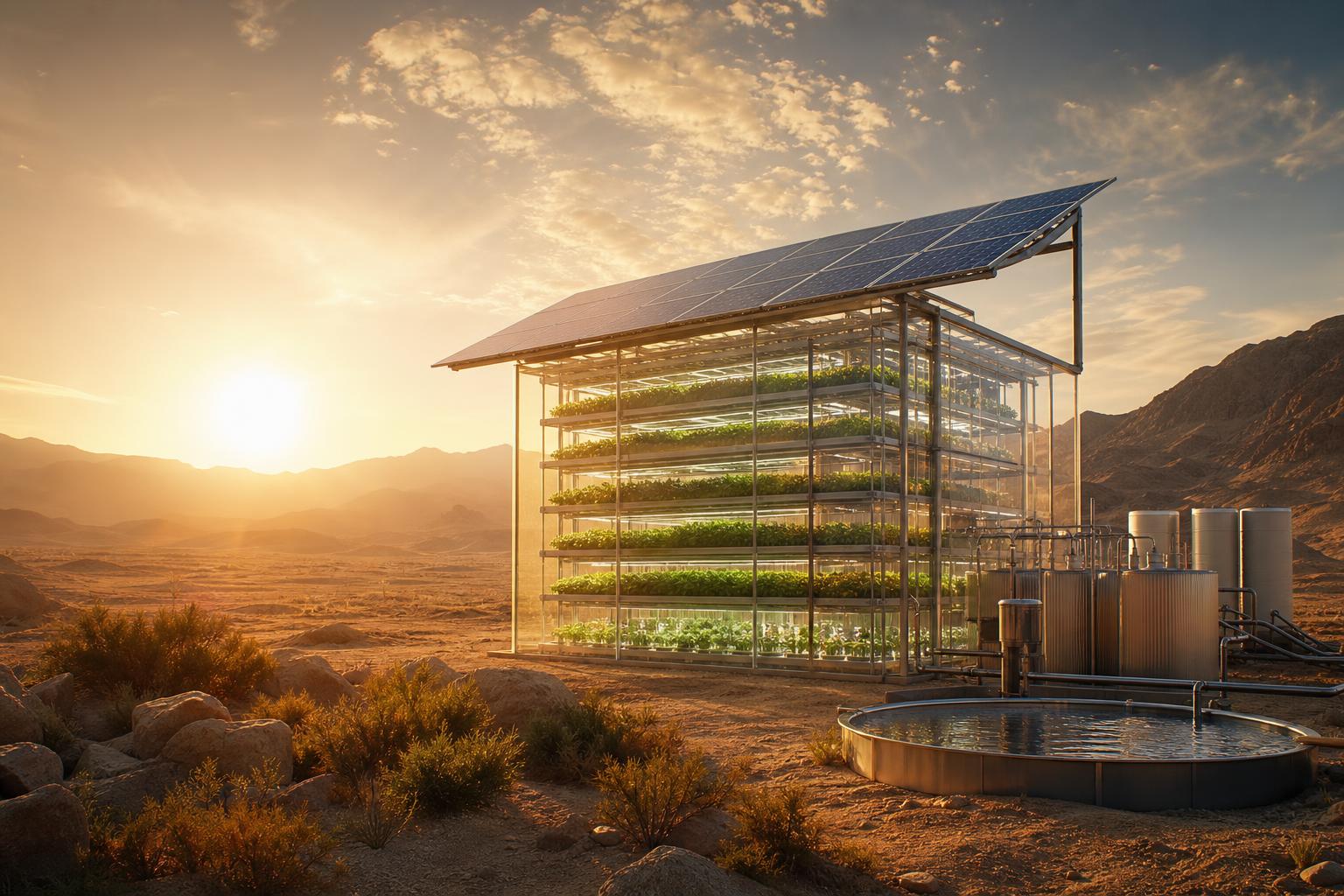Uzbekistan Edition concept — aeroponic farm with solar panels in arid land